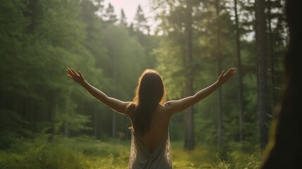 Happy girl from the back with open arms in happiness. Fresh outdoor woods, wellness healthy lifestyle concept. Generative AI - obrazy, fototapety, plakaty