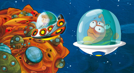 Cartoon funny colorful scene of cosmos galactic alien ufo isolated illustration for children