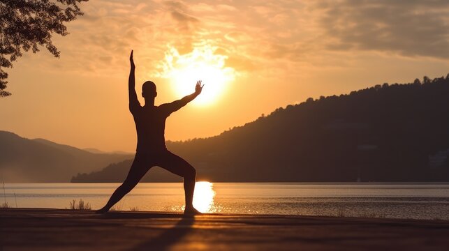 A silhouette of a woman in a yoga pose with the sun setting behind her. Silhouette fitness girl practicing yoga.