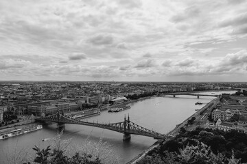 black and white landscape the Danube River in Budapest