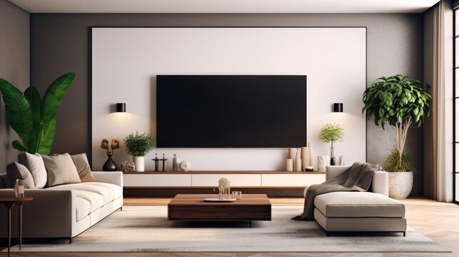 Big Tv With Blank Screen Ready For Mock Up In A Living Room. Modern Living Room Decor With A Tv Cabinet, Bright Color, Ultra Realistic.