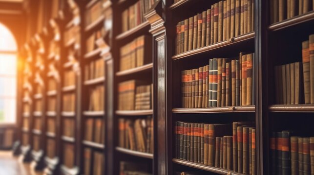 Abstract blurred public library interior space. Blurry room with bookshelves by defocused effect, use for background or backdrop in business or education concepts. Library with many shelves and books.