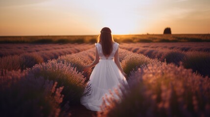 Back view of a young woman in white dress walking in the lavender field. Generative AI