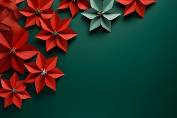 a seamless green background with red paper snowflakes arranged in the left corner, top view, flat lay. Negative space for text. Generative AI technology