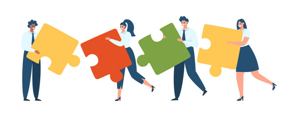 Flat vector illustration. Concept of teamwork, unified purpose. People in sobi office clothes give a big puzzle. . 