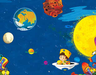 Cartoon funny colorful scene of cosmos galactic alien ufo isolated illustration for children