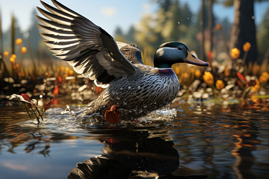 Male Wood Duck (Aix sponsa) gracefully gliding in a serene wetland, Marion. Generative Ai.
