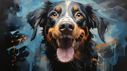 Nice smiling dog in a painted style with splashes of paint