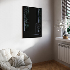 Black frame mockup in modern minimalist beige room interior, 3d rendering, frame black mockup poster closeup