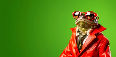 Foto op Canvas Cool looking frog wearing funky fashion dress - jacket, tie, glasses. Wide banner with space for text left side. Stylish animal posing as supermodel. Generative AI © Lubo Ivanko