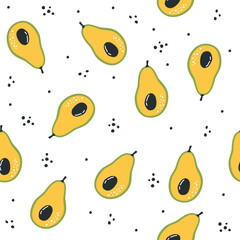 Seamless vector pattern. Juicy avocados and hearts. Pattern on white background. Vector illustration