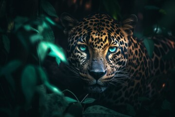 A jaguar with green eyes in the forest amidst lights. Generative AI