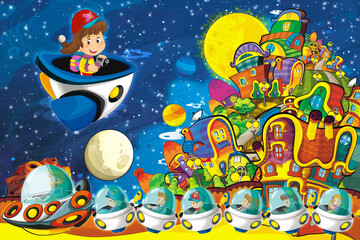 Cartoon funny colorful scene of cosmos galactic alien ufo isolated illustration for children