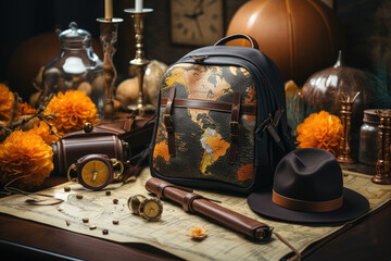 Top view of traveler accessories and items, such as a black hat and items for planning travel vacations, set against a world map. Generative Ai.