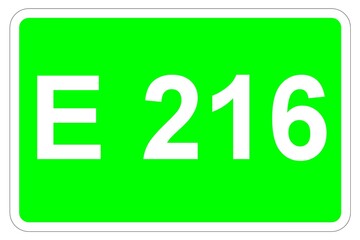 Illustration eines Europastraßenschildes der E 216 in Europa	