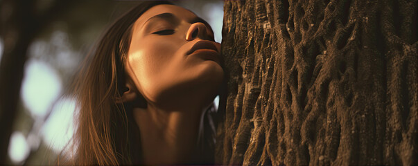 A young beautiful woman who kisses a tree. generative ai