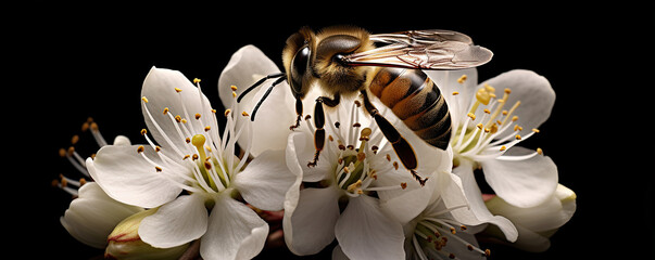 Flying honey bee collecting pollen from tree blossom. Bee in flight over spring background. generative ai
