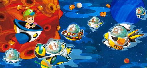 Cartoon funny colorful scene of cosmos galactic alien ufo isolated illustration for children