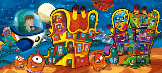 Obraz premium Cartoon funny colorful scene of cosmos galactic alien ufo isolated illustration for children