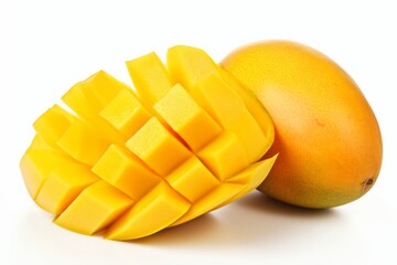 Ripe sliced mango isolated on white background. Generative ai. 