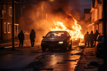 Riot protest in a ghetto suburb such as Paris or Stockholm -  burning car in fire flames in the immigration region street with firemen and copy space - obrazy, fototapety, plakaty