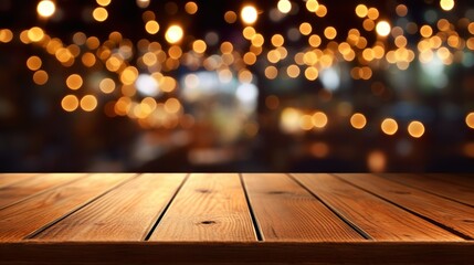Empty wooden table in front of blurred winter holiday background glitter warm lights orange