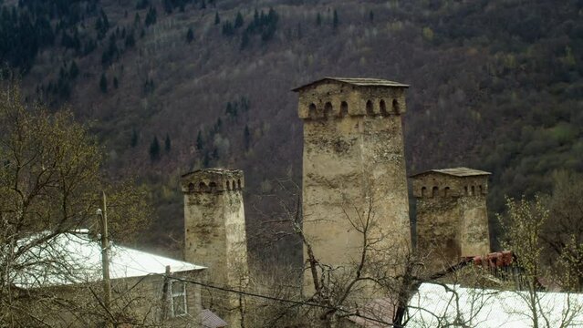 Old stone towers in the mountains. View of traditional ancient Georgian architecture in Svaneti. Cultural heritage