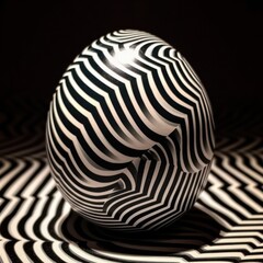 egg with a pattern of black and white geometric lines on a dark background. Generative AI