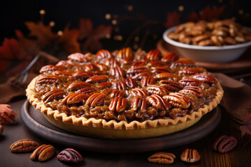 Traditional pecan pie for thanksgiving day on rustic wooden table - obrazy, fototapety, plakaty