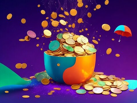 Coin Rain Harvest: Dynamic AI art showcasing a cascade of coins into savings vessels. Vibrant colors capture the energy and abundance of saving money. Experience the power of active collection and acc