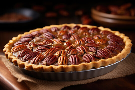 Traditional pecan pie for thanksgiving day on rustic wooden table