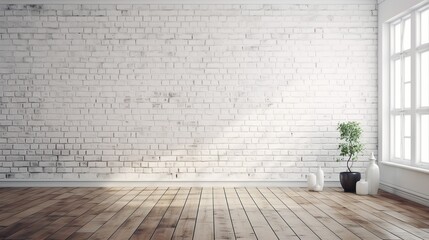 white brick wall background in rural room, brick and wooden floor beautiful interior design - Powered by Adobe