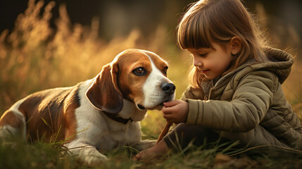 Girl with dog, beagle, brown, white, outdoors, love, smiling