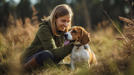Girl with dog, beagle, brown, white, outdoors, love, smiling