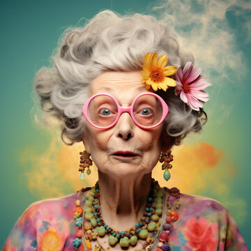 Kooky Elderly Woman Wearing Outrageous Clothes and Wild Hair - A Unique Expression of Aging, Individuality, and Unconventional Style. Generative AI.
