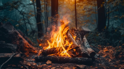 Closeup bonfire in the forest and smoke. Generative Ai.