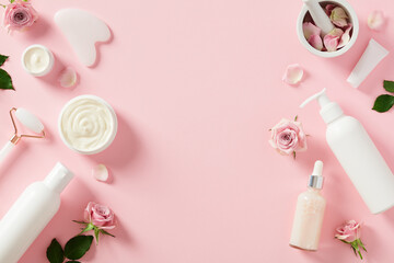 Frame of natural cosmetics on pink background. SPA organic beauty products design, branding.