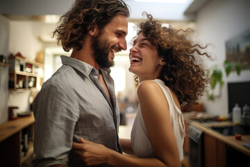 Happy couple smiling and dancing in kitchen while prepare dinner. Loving man and woman have fun at home. Positive emotions and happiness in family life. Created with Generative AI