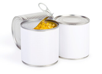 Metallic can with sweet corn on white.backround