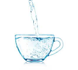 Pouring water from pitcher into a glass mug