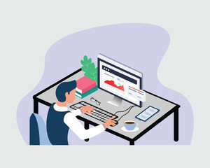 Young man working on digital marketing strategy. Vector flat style illustration. Digital marketing, digital technologies concept. Vector 3d isometric illustration.