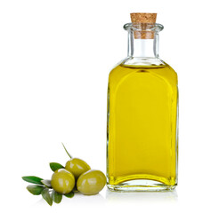 Bottle of olive oil with olives on white background.