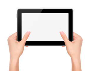  Female hands holding and touching on tablet pc isolated on white background.