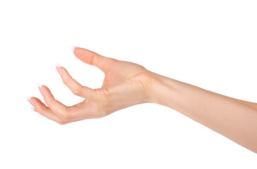 Open woman hand on white background.