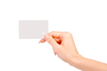 Female hand with a blank card isolated on white background.