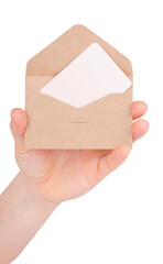 woman's hand holding an envelope with a card isolated on white background