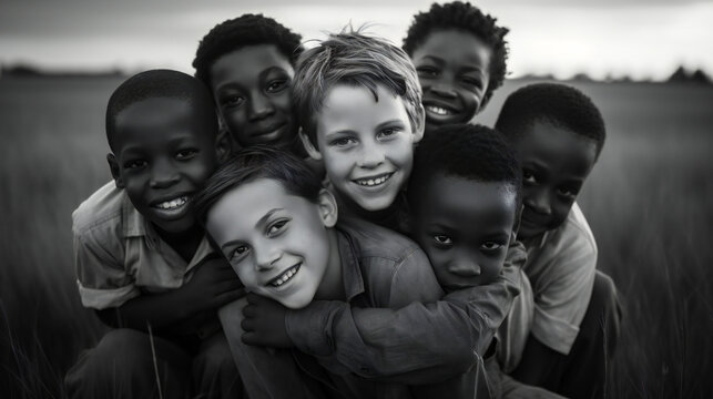 Group Of Young Boys Holding Each Other, Comforting, Supporting