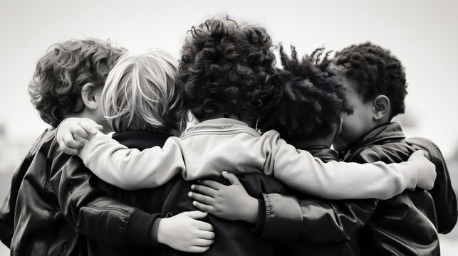 Group Of Young Boys Holding Each Other, Comforting, Supporting