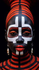 the art of beautifying the body. African American beauty with a graphic white and red pattern on her face and body. body painting with ethnic motifs and ornament.Banner or poster,Generative AI