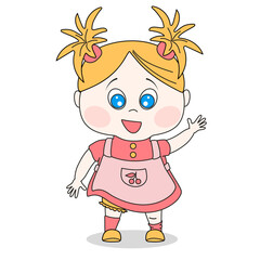Sweet little blonde girl in a red dress raised her hand in greeting. Cartoon vector illustration of a book character.